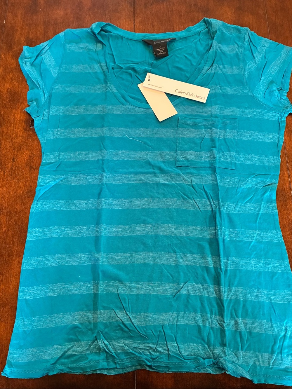Calvin Klein Jeans Teal Striped Pocket Tee